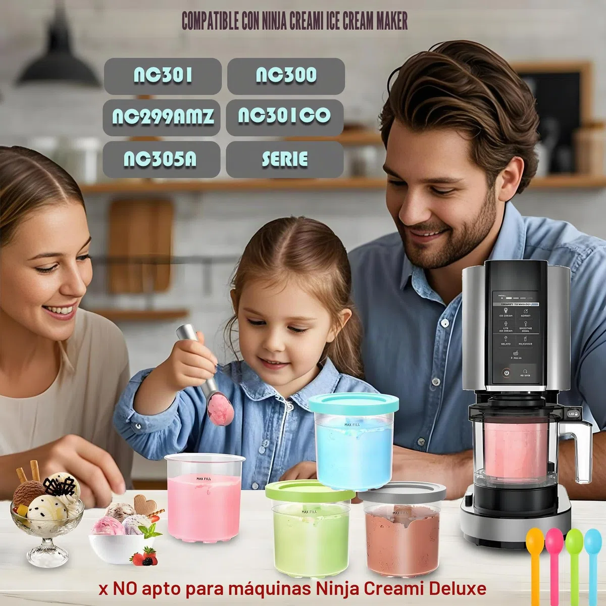 4 Recipientes de Helado para Ninja Creami, Para Ninja Creami Ice Cream Maker NC301 NC300 NC299AMZ NC305A NC301CO Series, Con tapa y cuchara, 453ml, Sin BPA, Apto para lavavajillas