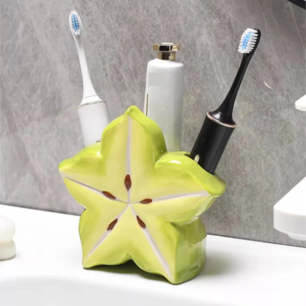 Portacepillos De Dientes para Baño Y Ducha Soportes De Pasta Dientes For Cepillos con Forma Carambola Cerámica, Organizadores Almacenamiento For Baño(Grün)