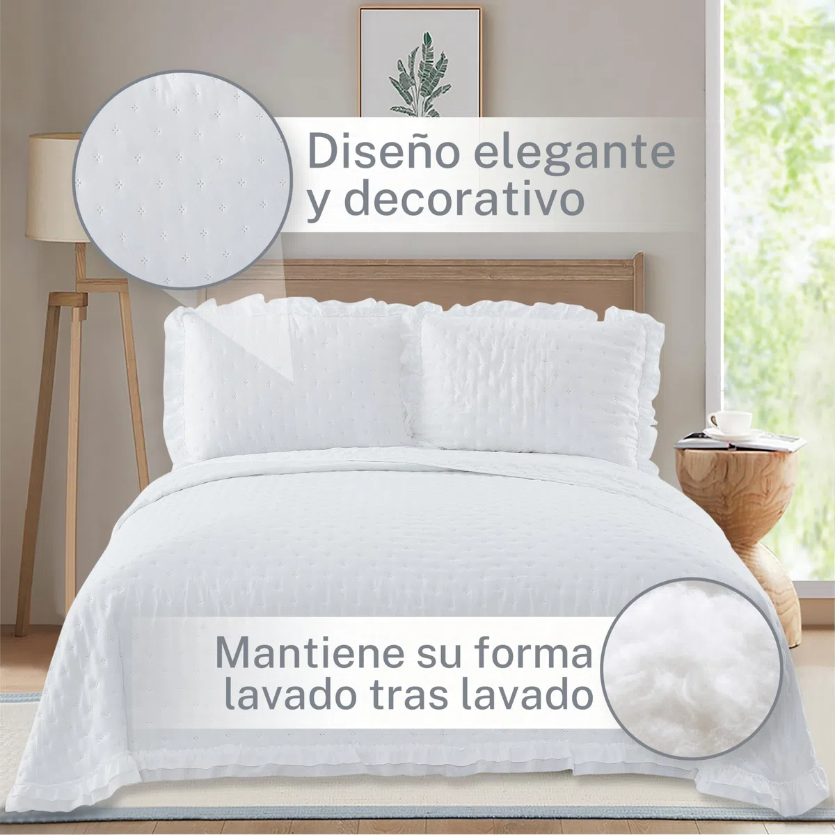 Colcha Boutí Cama 90 (180x260) Termosellada Ligera y Transpirable – Cubrecama Acolchado de Microfibra Suave y Transpirable para Verano y Entretiempo – 1 Funda Almohada (50x70) (Bari Blanco)