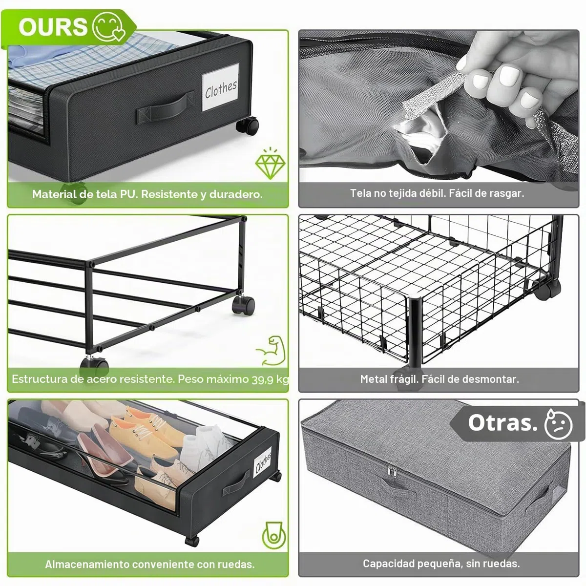 Caja de Almacenamiento Debajo de la Cama Con Ruedas y Marco Metálico,2 Piezas Versátil Organizador Ropa Para Zapatos Mantas Juguetes,Grande Capacidad,Negro,2 Piezas