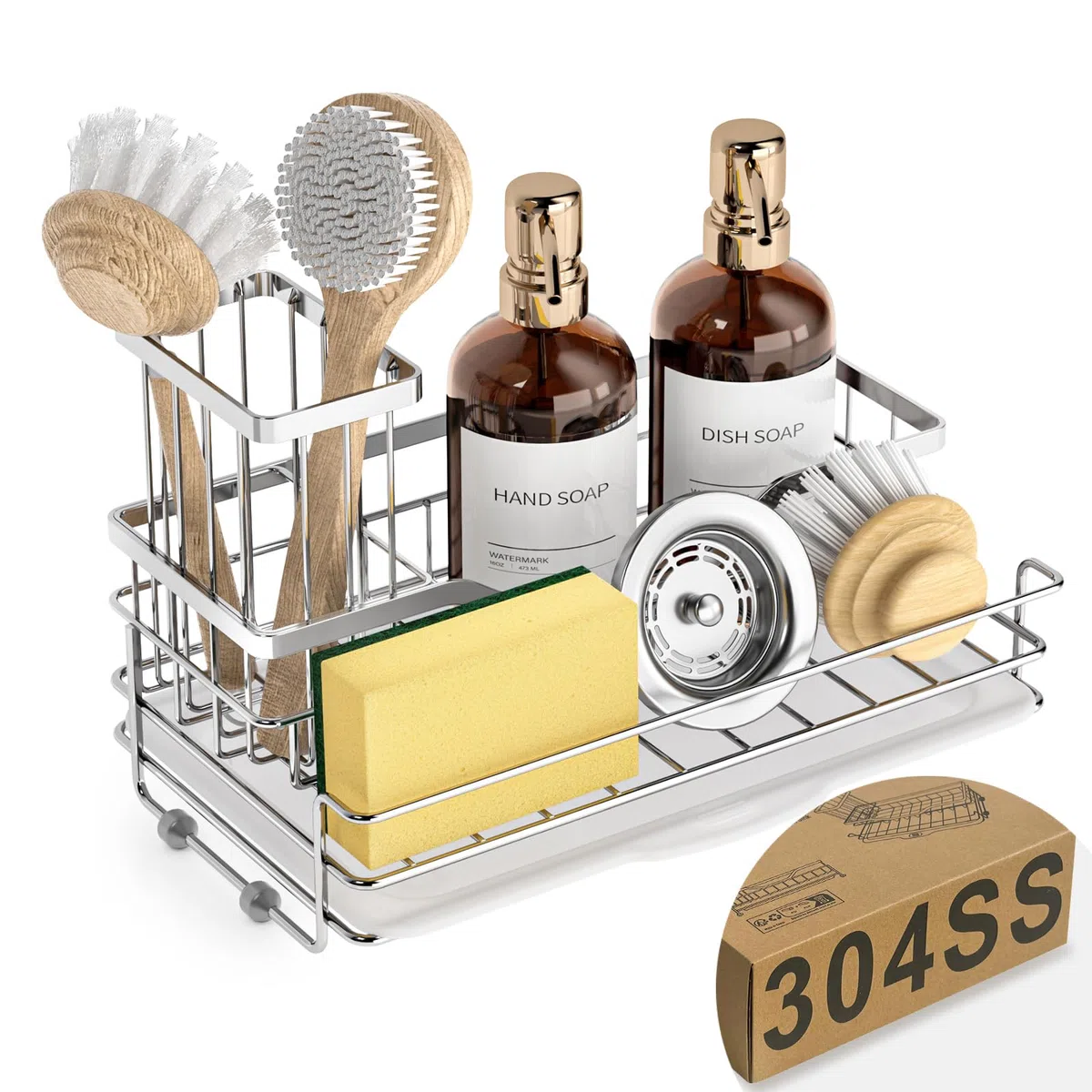 VANZAVANZU Organizador de fregadero de cocina de acero inoxidable 304, soporte de esponja de gran capacidad para cocina, soporte de cepillo extraíble, bandeja de drenaje y base de goma antideslizante,