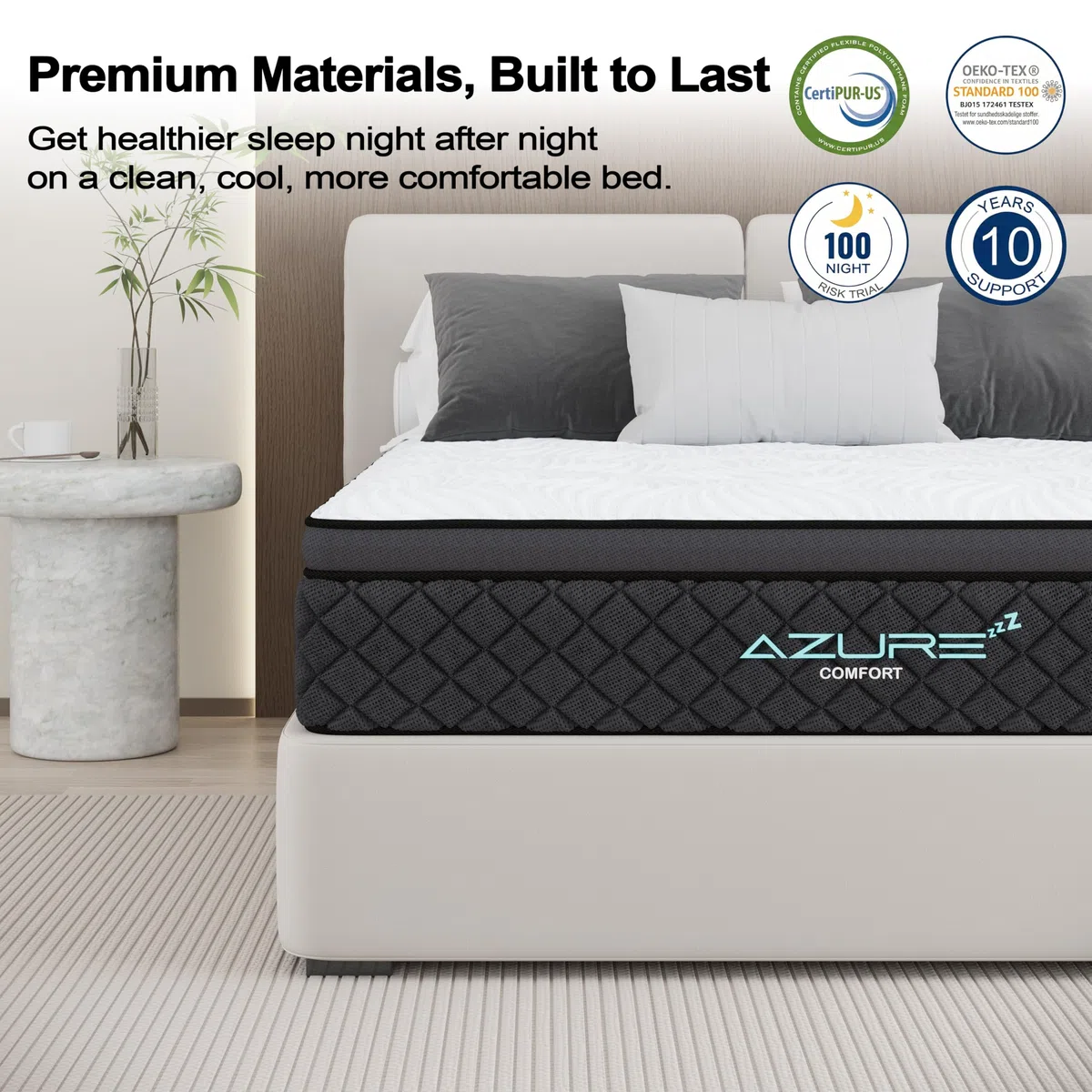 Azure - Colchón individual de 90 x 190 x 30 cm, híbrido de espuma viscoelástica de gel de 12 pulgadas, muelles ensacados ortopédicos de 7 zonas, firmeza media, sistema Wave Comfort, aislamiento de