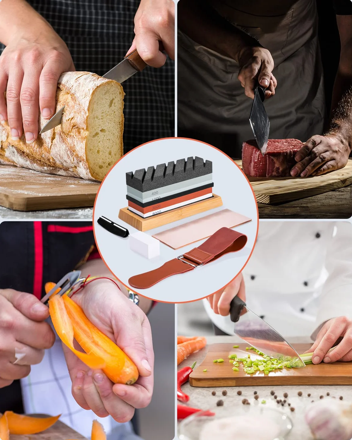 Profesional Piedra Afilar Cuchillos, Kit de Piedra de Afilar 400/1000 3000/8000 Grit para Cuchillos de Cocina, Con Base Antideslizante de Bambú, Guía de ángulo y piedra de aplanamiento