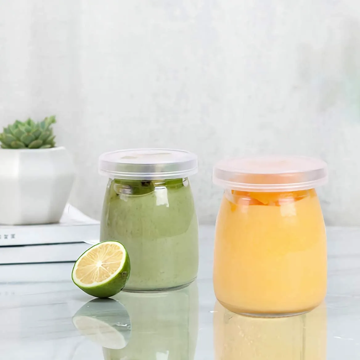 Lawei Paquete de 40 tarros de yogur con tapas, tarros de vidrio de 150 ml, tarros de pudín de repuesto, tarros de conserva, tarro de tulipán para mermeladas, gelatinas, miel, postres, leche