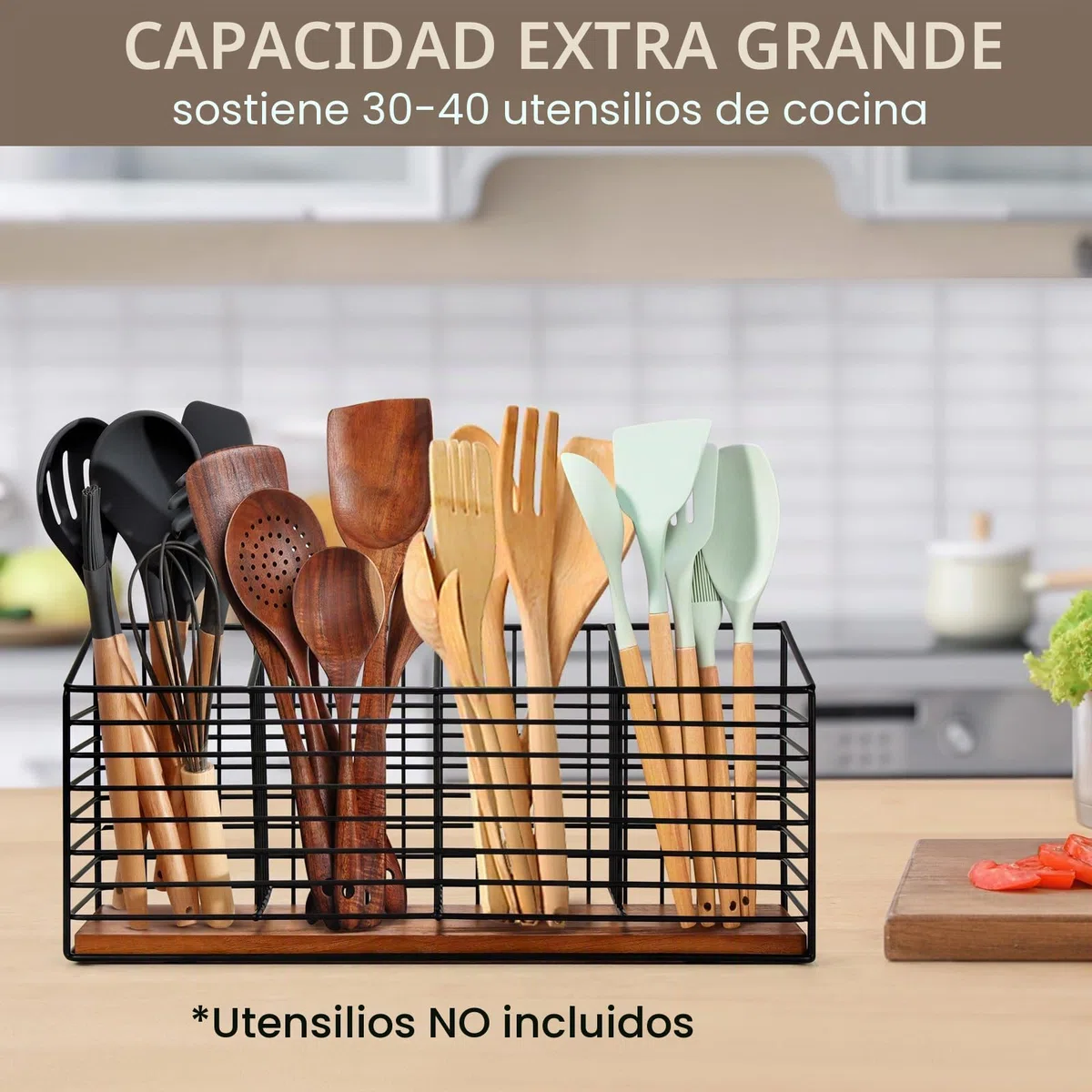 THYGIFTREE Soporte para utensilios para encimera de cocina, organizador de utensilios de cocina de metal negro con base de madera, utensilios de granja para encimera