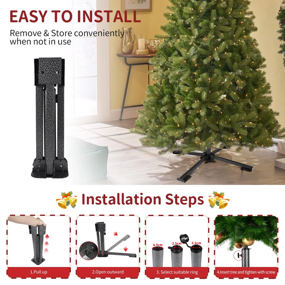 EFUTURETIME Soporte para Árbol de Navidad de Metal Ø2,5-4,5 Cm, Base Arbol de Navidad Pequeño Artificiales se Adapta a Árboles de 60-200cm, Uso Exterior e Interior, Negro