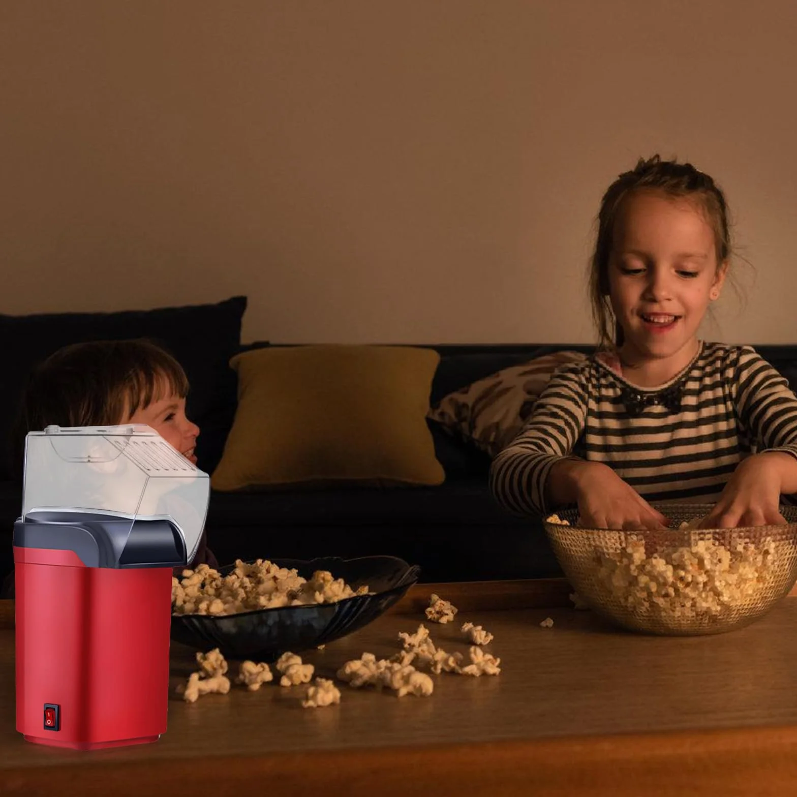 Máquina de palomitas de maíz de aire caliente de 1200 W sin aceite ni grasa, fabricante eléctrico rápido en 3 minutos, operación de un botón compacto con cuchara de medición ideal para casa y fiestas