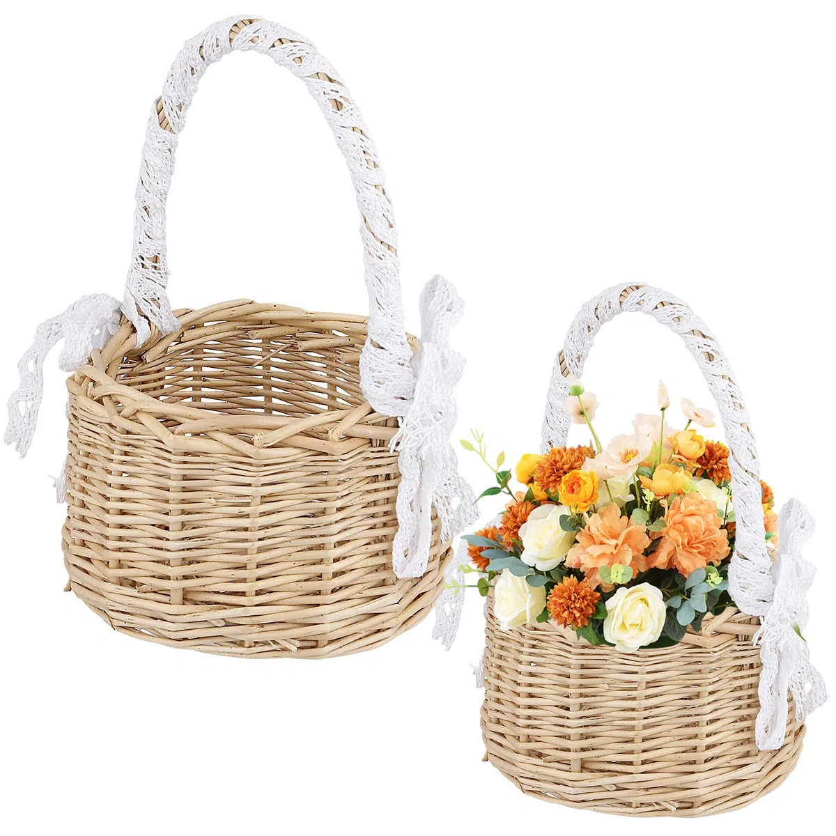 2 Cestas de Flores para Niña Trenzadas a Mano, 22 x 13 cm, con Asa y Encaje Blanco para Bodas, Decoración de Fiesta, Cestas Pequeñas de Mimbre Natural