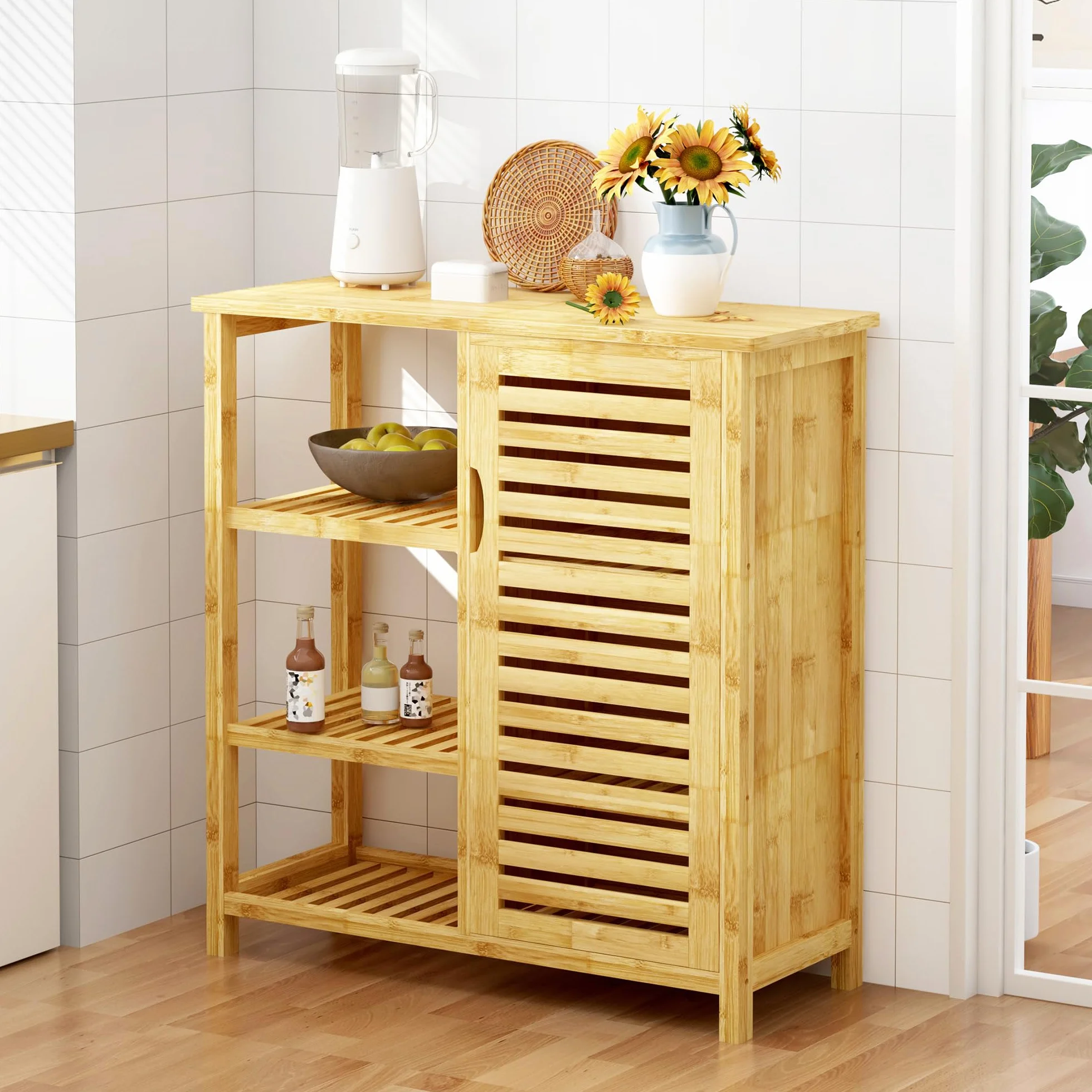 SogesPower Gabinete de Almacenamiento de Piso de baño con Puerta y estantes, Organizador de Almacenamiento Independiente con Puerta de Obturador, gabinete de bambú de 3 Niveles para Cocina, Sala