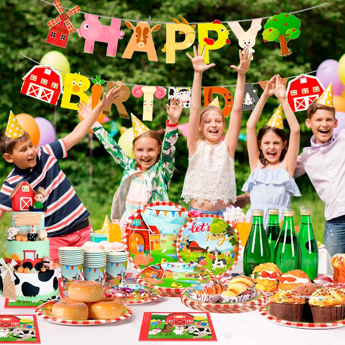 66 Piezas Vajilla de Fiesta de Animales de Granja, Sirve 16 Vajilla de Fiesta Granja Set - Platos Taza Servilleta Manteles etc Suministros de Cumpleaños la Granja