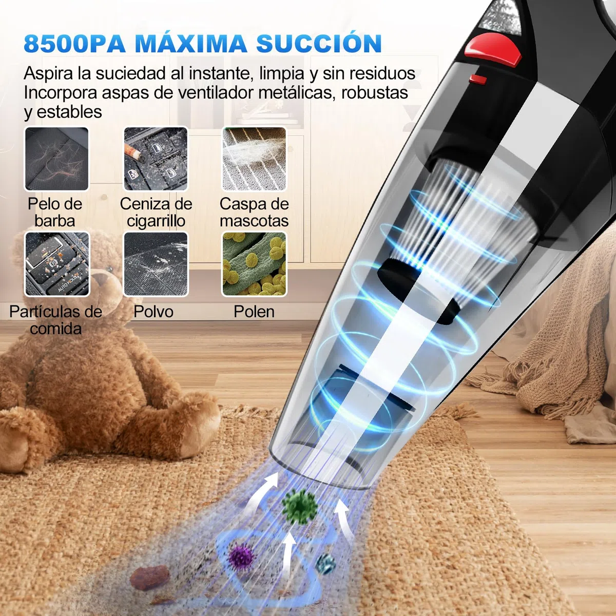 Aspirador de Mano 8500PA 120W Aspiradora Coche Sin Aspirador Potente Carga Rápida HEPA Filtro de Acero Inoxidable con luz LED y Bolsa de Transporte luz LED para Oficina Hogar Cocina Coche