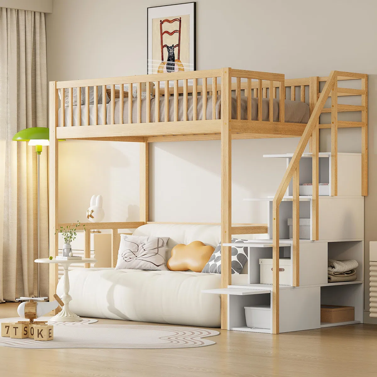 Soweiz Cama alta de 90 x 200 cm con escalera y espacio de almacenamiento, cama de madera con barandilla de seguridad, cama juvenil para niños y jóvenes, litera para dormitorio que ahorra espacio