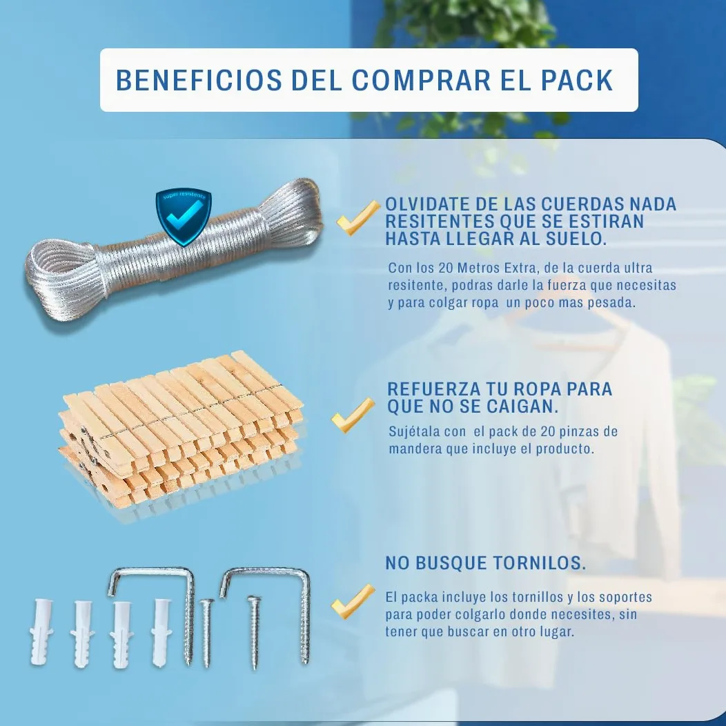 Pack Tendedero Extensible Pared con 4 Cuerdas de 3,2m Cada una,24 Pinzas y 20 m de Cuerda Extra Reforzado en Alambre de Acero 3mm, tendedero retractil, Cuerda tendedero Extensible, Incluye Tarjeta QR