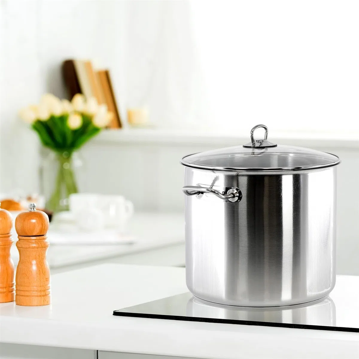 Olla Grande de Acero Inoxidable con Tapa, Olla Grande de 9 l con Tapa, Cacerola Grande y Profunda, Utensilios de Cocina, Olla para Sopa con Doble asa (15 litros)