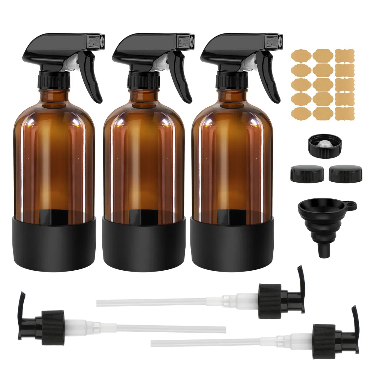 3 botellas de vidrio de 500 ml, botella de spray de agua vacía ámbar para plantas de cabello, aceites esenciales, ajustes de flujo de pulverización recargables con pulverizador de gatillo