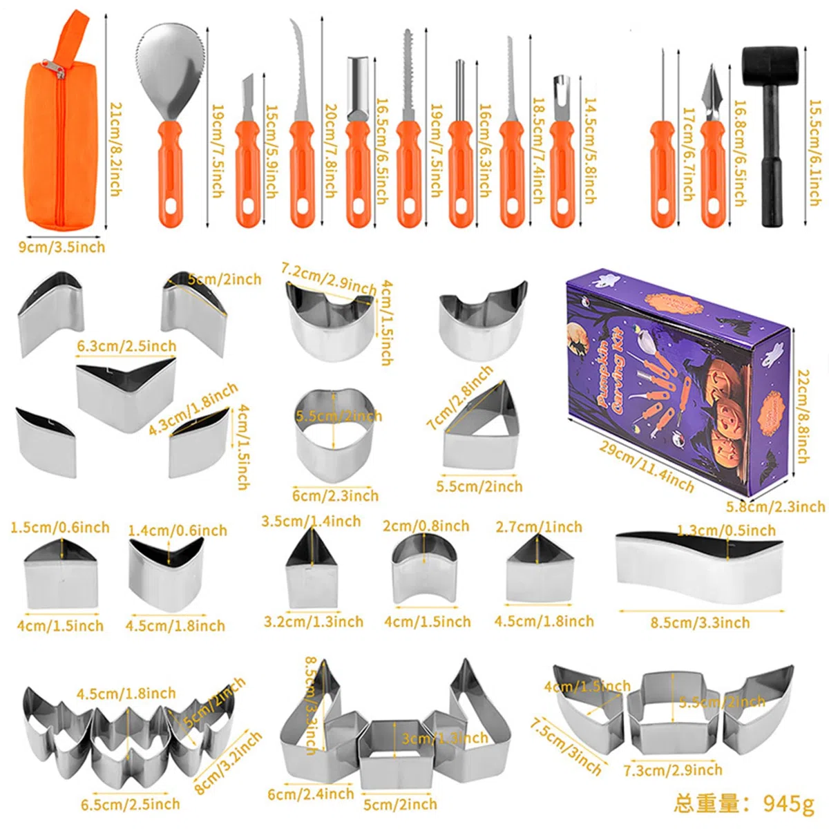 Kit De Herramientas Para Tallar Calabazas De Halloween | Set para Tallar Calabazas 'Lantern | Juego De 37 Piezas En Acero Inoxidable Robusto Para Toda La Familia