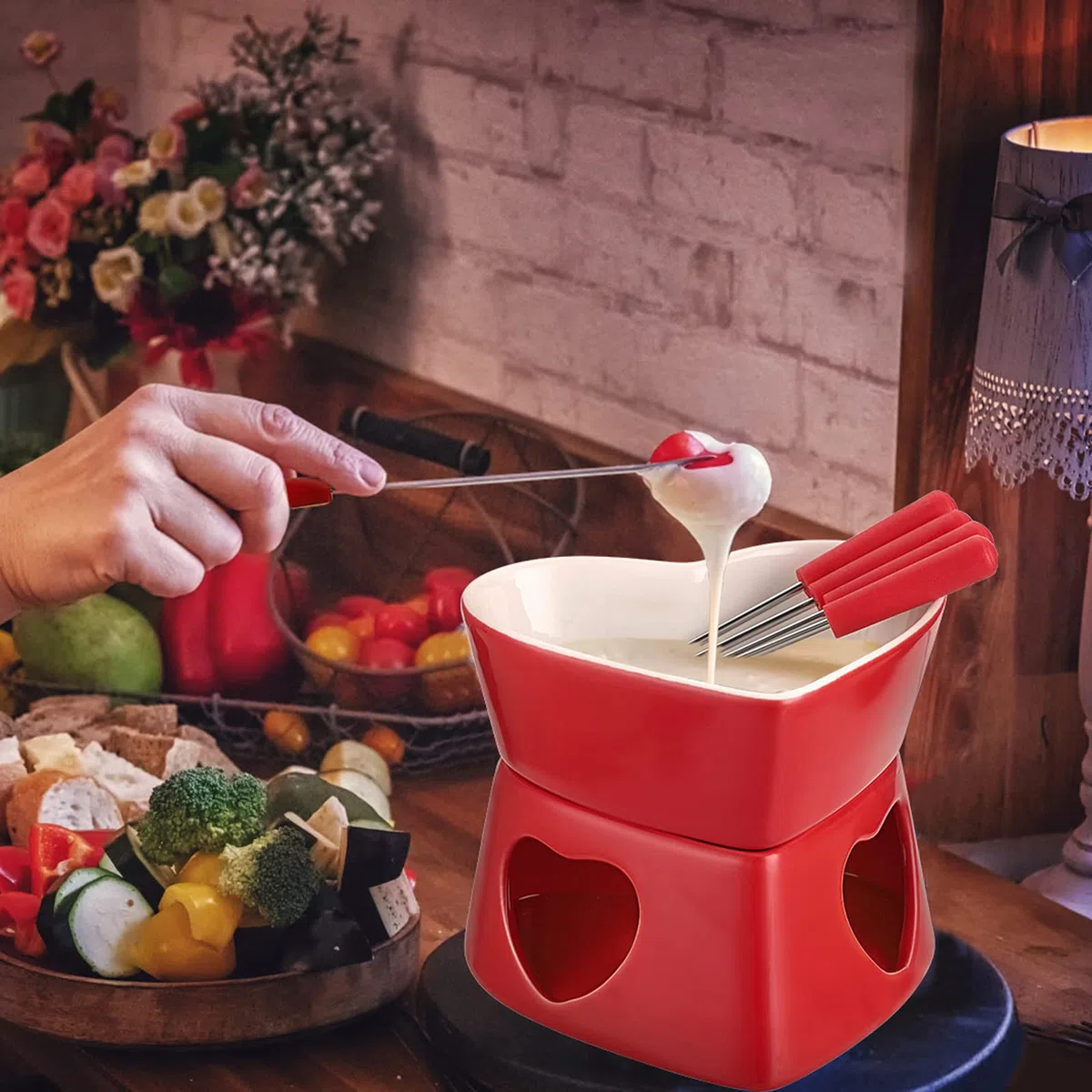 Juego de fondue de cerámica para chocolate con forma de corazón, olla para fondue de queso de porcelana con 4 tenedores, 320 ml, mini quemador resistente al calor, fondue para dulces