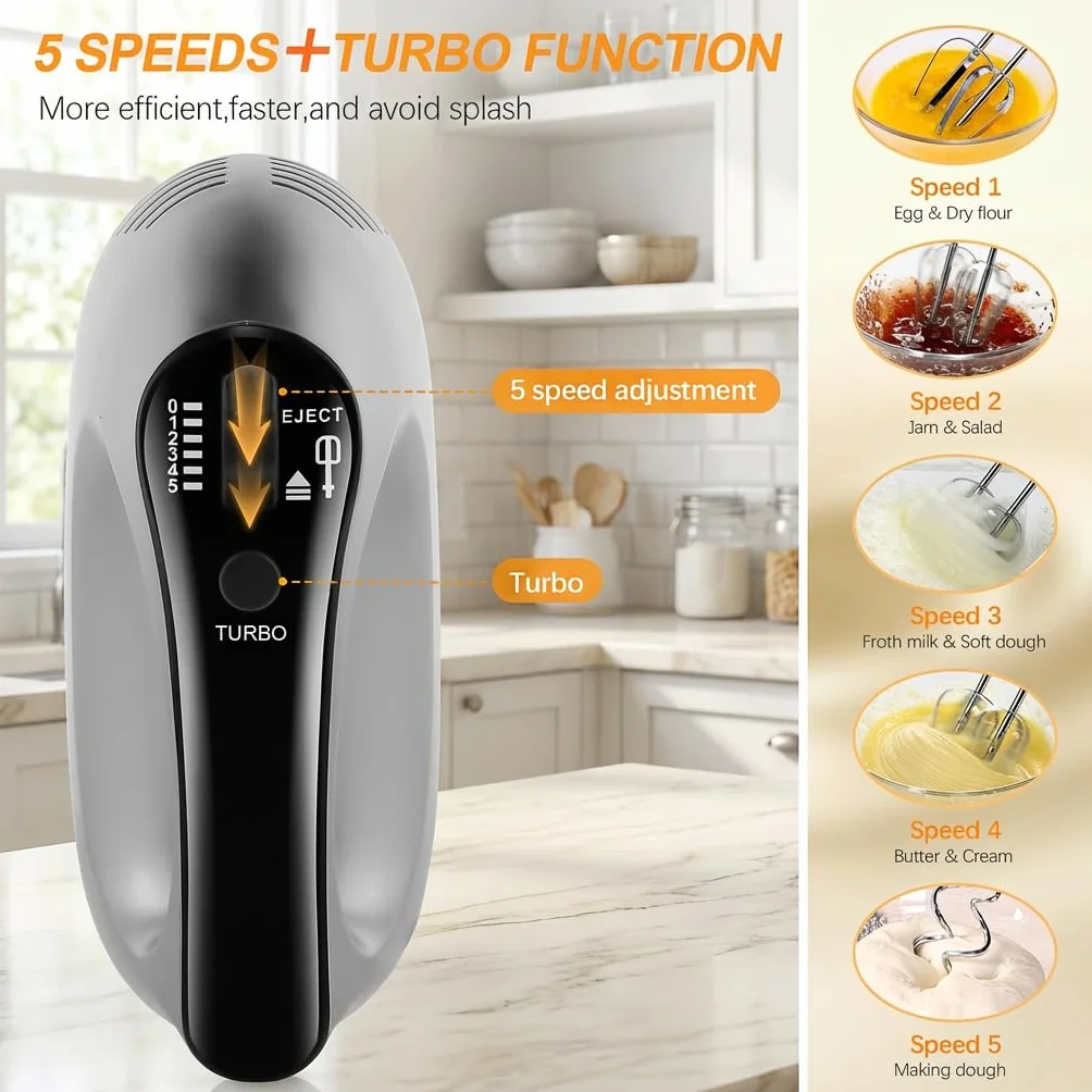 Batidora de Varillas Eléctrica 500W 5 Velocidades y Función Turbo con Varilla de Globo, Batidoras, Garfios Amasadores, Separador de Huevos, Espátula y Soporte de Almacenamiento para Repostería