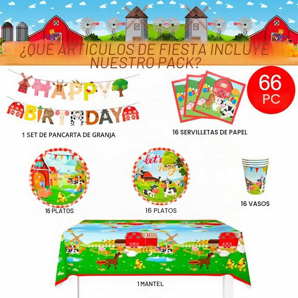 66 Piezas Vajilla de Fiesta de Animales de Granja, Sirve 16 Vajilla de Fiesta Granja Set - Platos Taza Servilleta Manteles etc Suministros de Cumpleaños la Granja