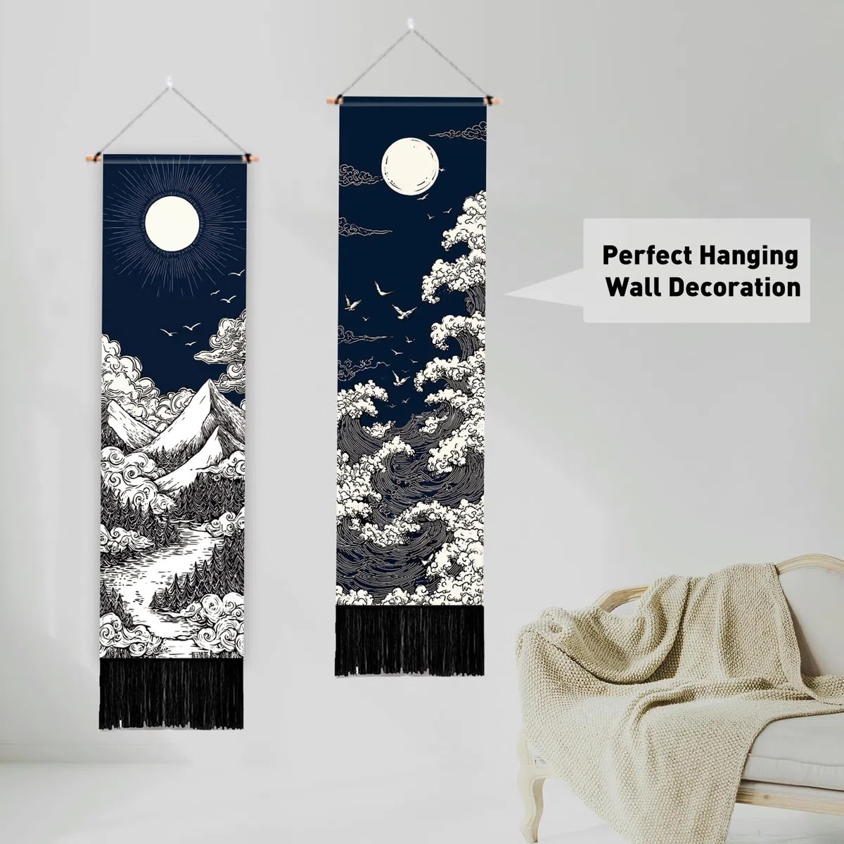 PLIGREAT Paquete de 2 tapices de pared de paisaje natural, montañas serenas, ríos, lunas, sol, para colgar en la pared con borlas, tapiz vertical estético decorativo para dormitorio, sala de estar