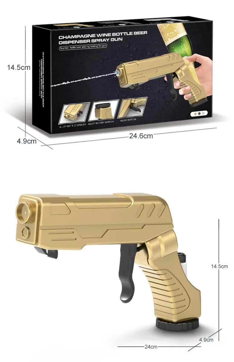Pistola rociadora de metal para champán y cerveza con abridor de botellas: pistola rociadora versátil para vino, cerveza y champán en fiestas, junto a la piscina, playa, bares y bodas.
