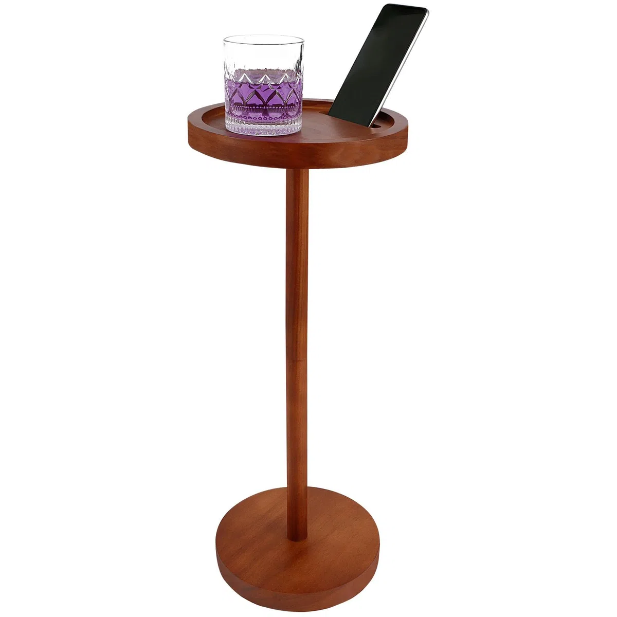 NIHUIFDPY Mesa auxiliar pequeña redonda de madera con soporte para teléfono, 23,8 x 55 cm, mesita de noche, sofá, mesas auxiliares para espacios pequeños, sala de estar, dormitorio, balcón y patio
