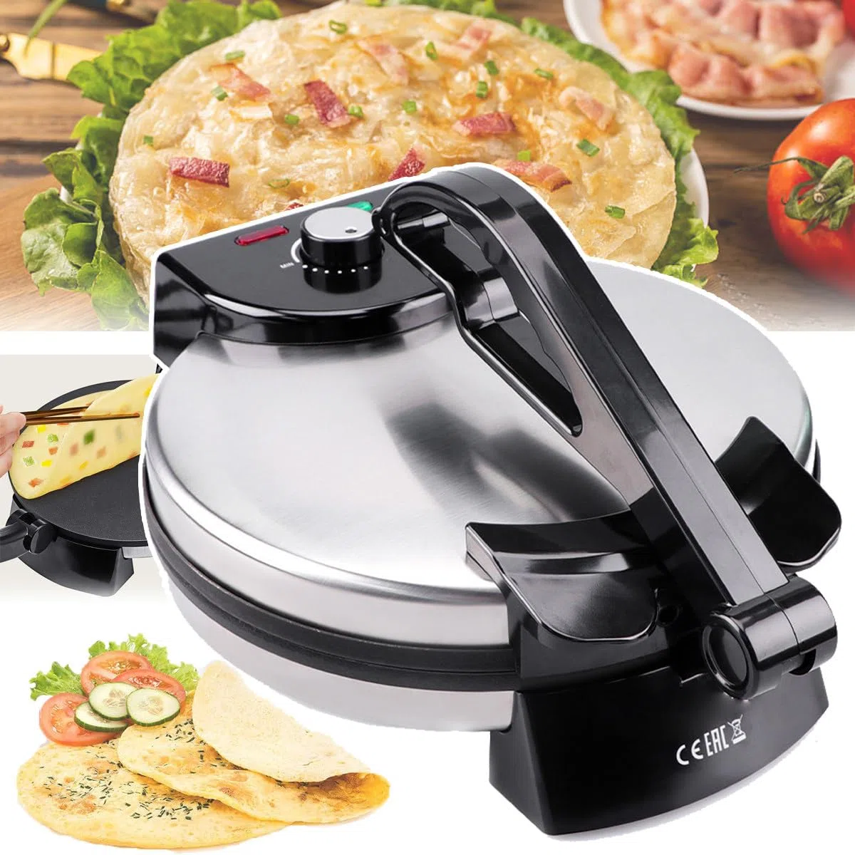 Crepera Antiadherente (12 Pulgadas), Máquina para Hacer Panqueques De 1800 W: Fabricación Pita, Calefacción De Doble Cara + Indicador Led, Haga Chapati/Tortilla FáCilmente