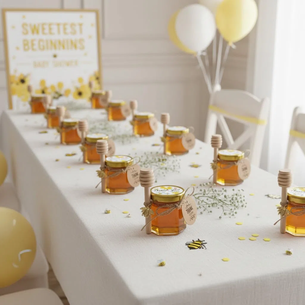 Paquete de 20 mini tarros de miel hexagonales de 1,5 oz con cucharones de madera, tapas doradas, colgantes de abeja, yute, bolsas de regalo doradas, perfecto para baby shower, recuerdos de boda