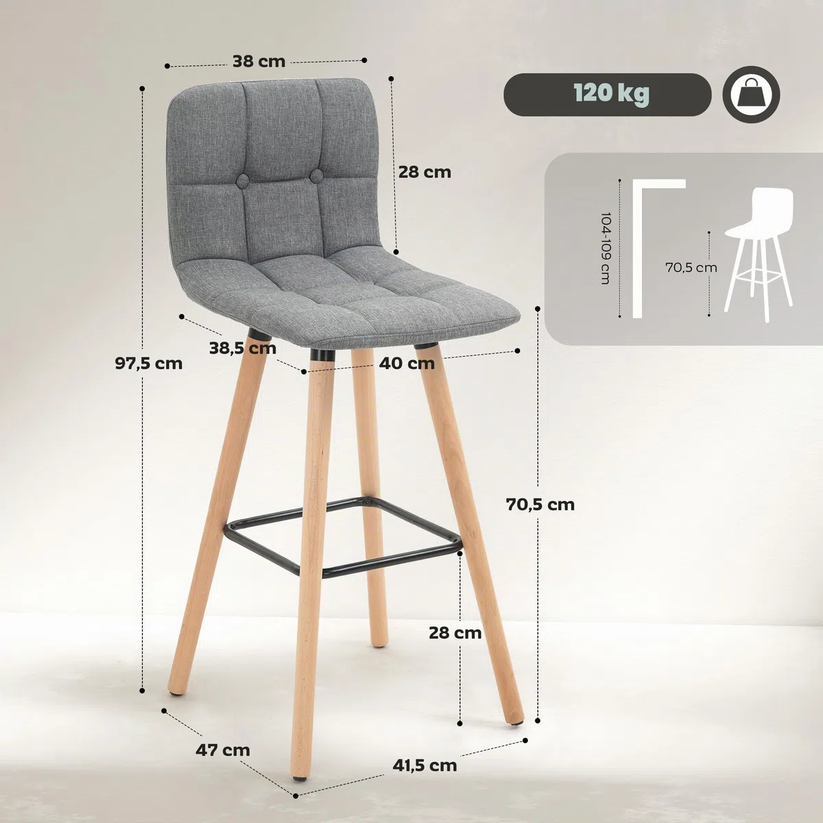 HOMCOM Juego de 2 Taburetes de Bar Taburetes Altos de Cocina Gris | Respaldo, Reposapiés, Patas de Madera, Estilo Moderno, Sillas Altas para Comedor, Salón, Bistró