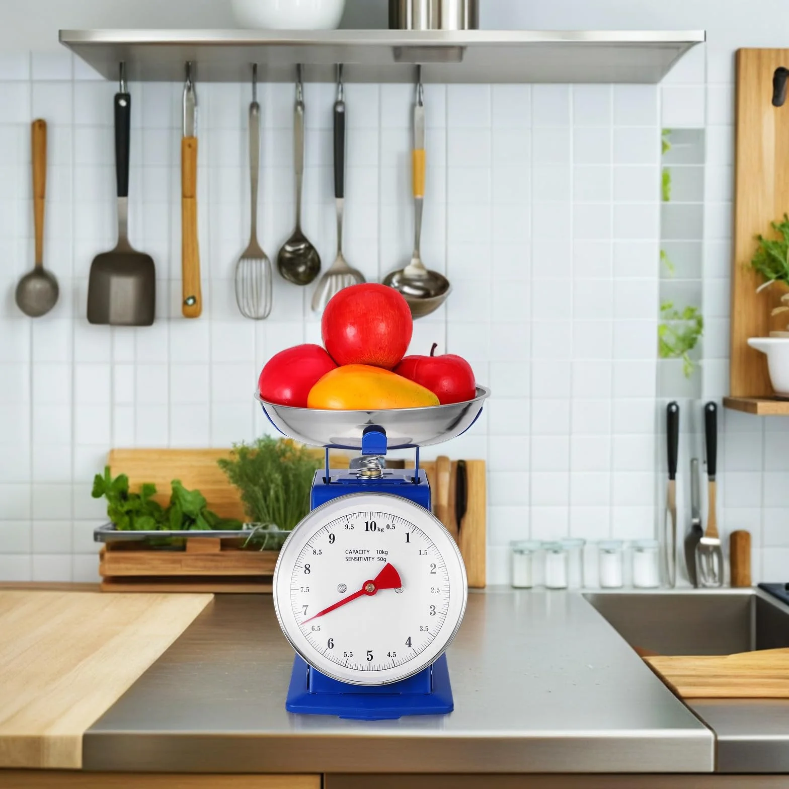 UKCOCO 10kg Báscula de Cocina Mecánica Vintage con Plato Acero Inoxidable Extraíble Precisión Ajustable sin Baterías para Preparación de Comidas y Repostería