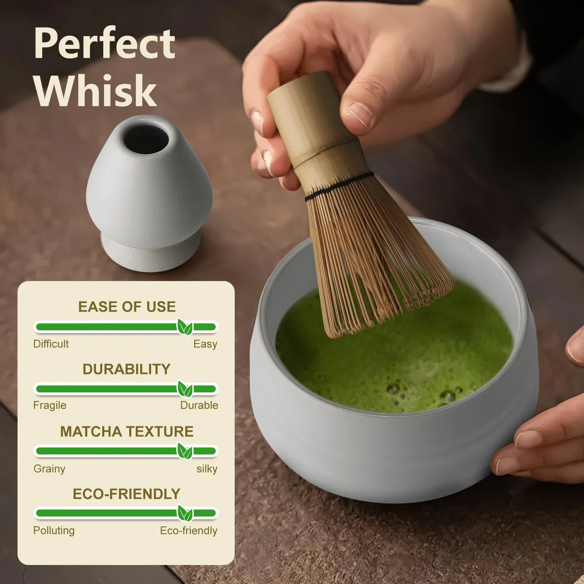 matcha Set de 7 piezas, broom, tea set con cucharilla, soporte para batidora, escoba, pala y tamiz, accesorios tradicionales de ceremonia japonesa de té, mejor regalo, blanco