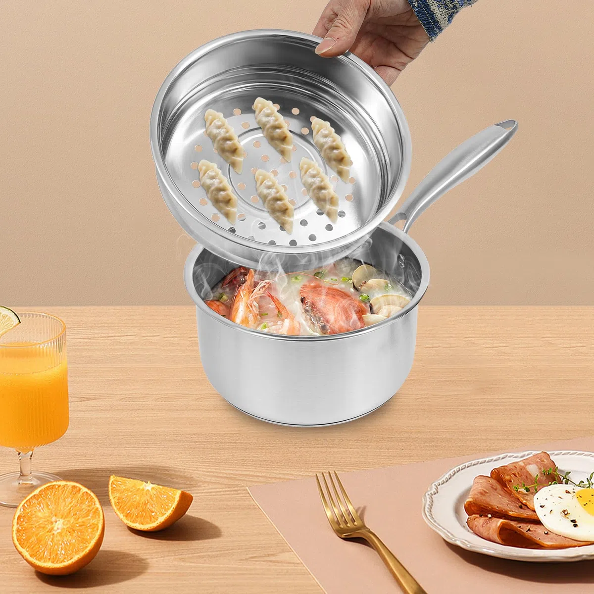 Olla de vapor de inducción, olla de vapor con tapa de cristal y vaporera, olla de acero inoxidable de 16 cm, apta para lavavajillas, para cocina de gas, cocina de inducción
