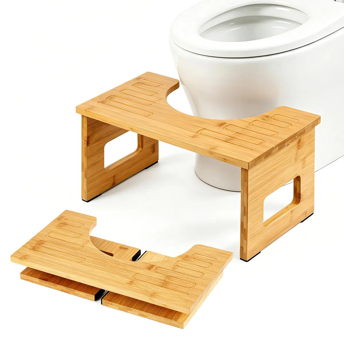 Taburete de inodoro de madera de bambú para adultos, taburete de inodoro con almohadillas antideslizantes, taburete ergonómico para baño