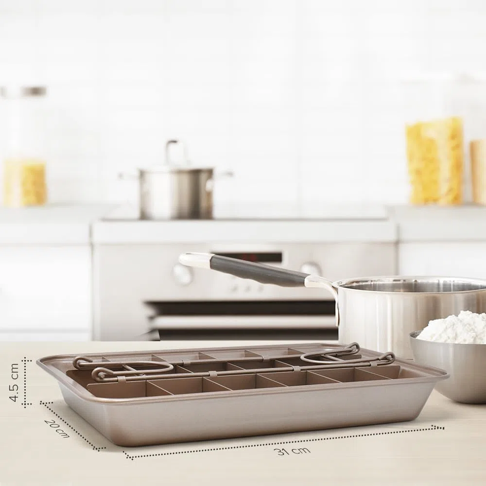 joeji's Kitchen Molde Brownie Pan Para Hornear Rectangular 31x 20cm - Molde Para Pasteles de Acero Al Carbono Antiadherente - con 18 Separadores Cortador De Brownie de Chocolate