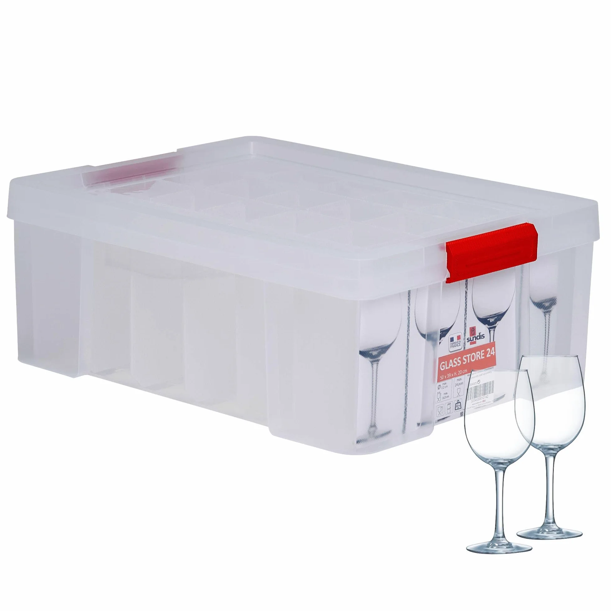 SUNDIS Glass Store, caja almacenaje con tapa, con 24 compartimentos para guardar copas con pie, 27l de capacidad, plastico transparente, reforzado, paredes rectas, apilable y combinable