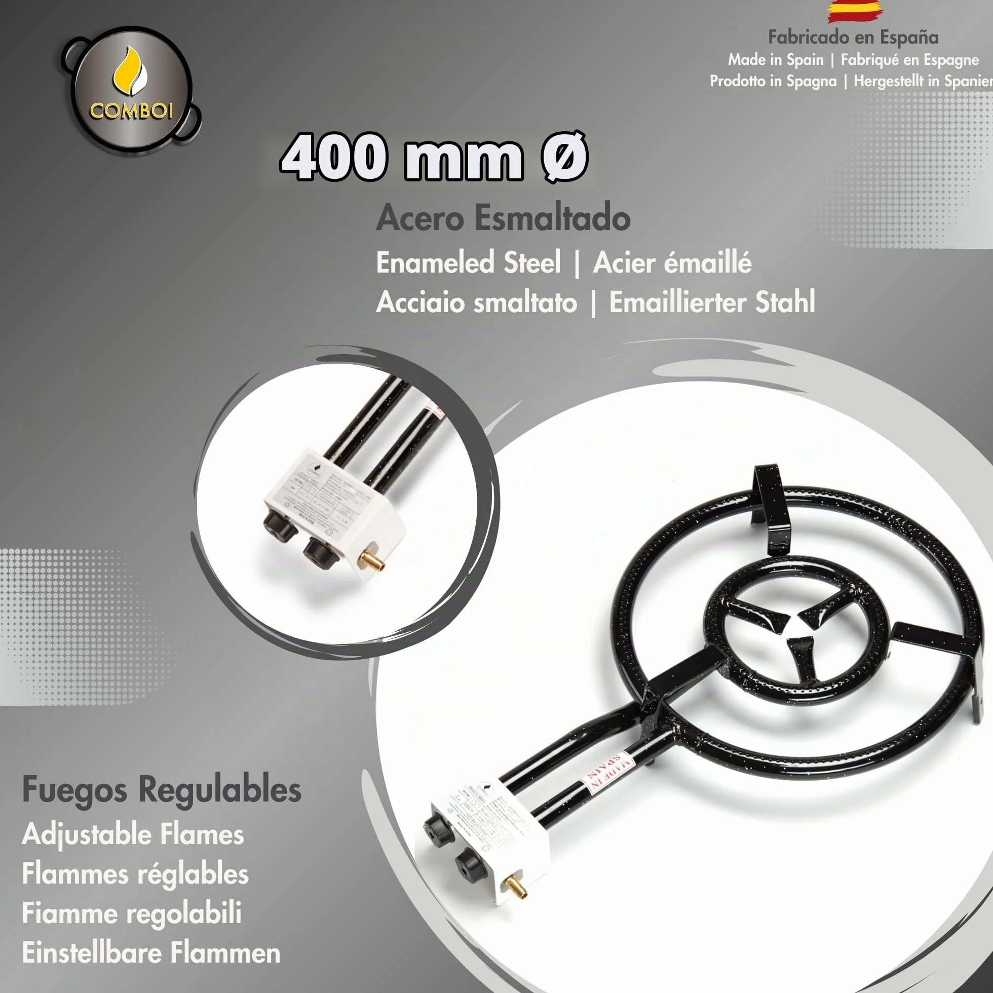 COMBOI Paellero Gas Butano 40 cm Kit Quemador con Paellera de 46 cm Soporte de 3 Patas Nivel Delantal Libro de Recetas Digital
