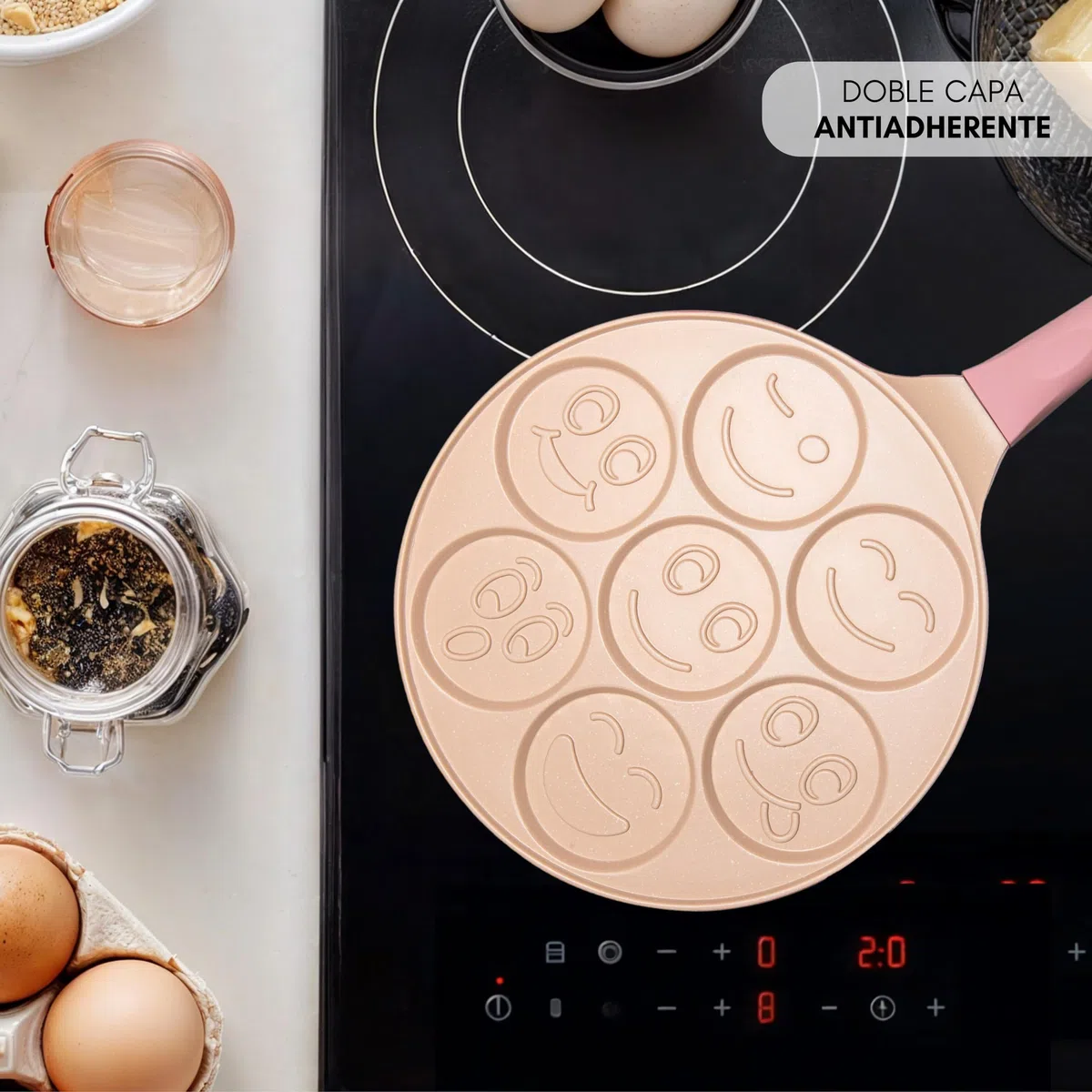 Erreke Sartén Antiadherente para Tortitas, Diseño Caritas, Inducción | Frigideira Panquecas. Doble Capa. Mango Tacto Suave. 7 Tortitas o Crepes. Para Toda la Familia. Desayunos Divertidos