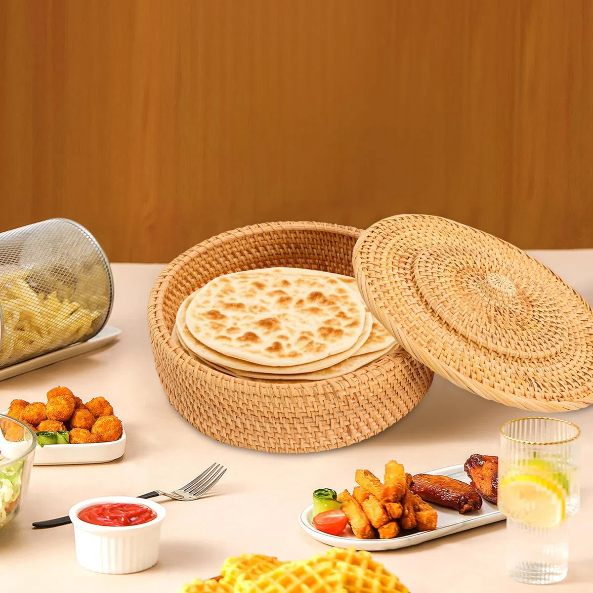 Calentador de tortilla, cesta de tortilla, caja de almacenamiento tejida con tapa, soporte de tortilla de ratán para panqueques, pan taco, organizador de escritorio (26 x 9 cm)
