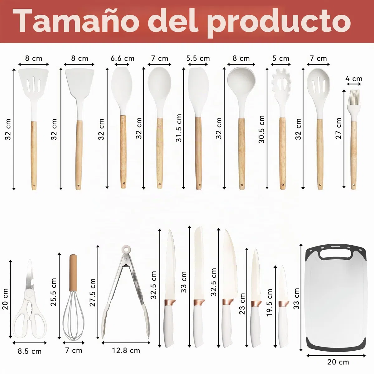 Juego de cuchillos de cocina 19 piezas con utensilios de cocina de silicona 5 cuchillos 12 accesorios antiadherentes 1 tijera tabla de cortar y soporte para ollas antiadherentes (Blanco)
