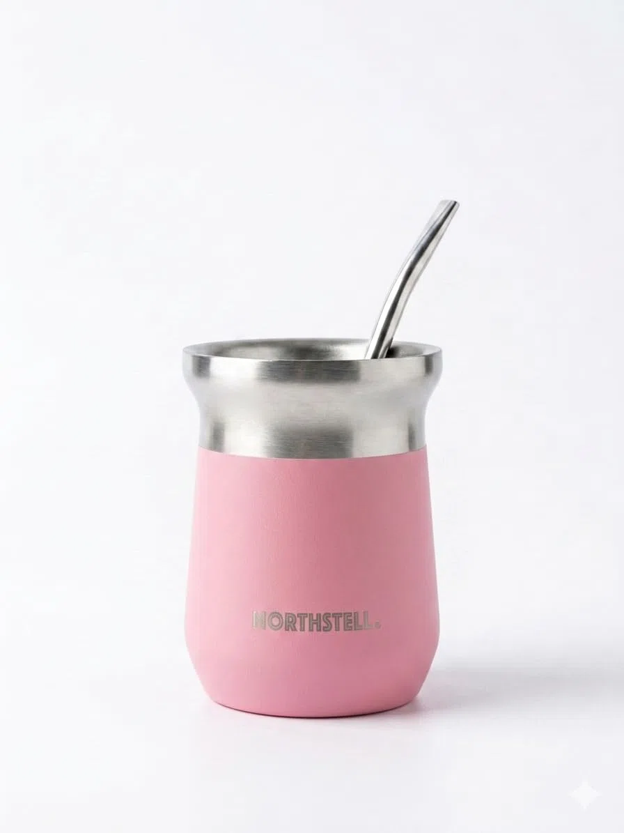 Northsteel Mate Argentino con Bombilla Incluida – Vaso Mate Moderno de Acero | Diseño Elegante y Portátil | Ideal para Mate Tradicional en Casa o Fuera (rosa)