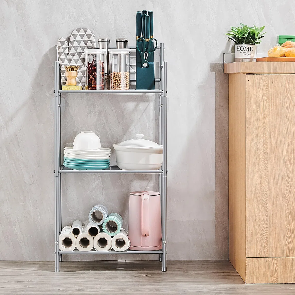 Estanteria de Baño 3 Baldas Organizador Cocina Estantes Metal Estantería de Almacenaje Estantería Cocina Estantería Metálica Toallero de Pie para Baño, Cocina, Oficina Gris
