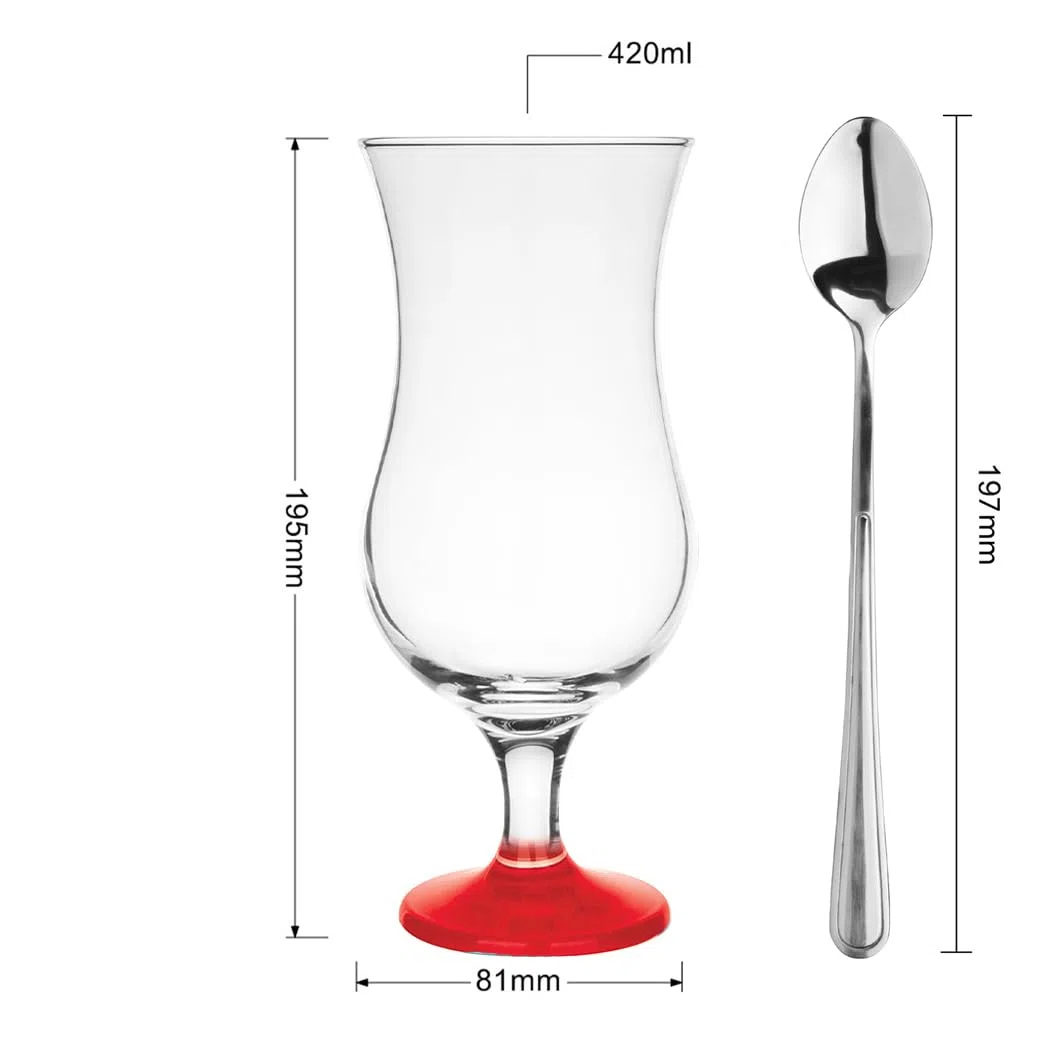 Glasmark KROSNO 1992 Juego De 6 Vasos Para Cócteles En Vidrio Transparente Con Cucharillas Para Zumo Agua Soda 420 ml Fondo De Color Rojo
