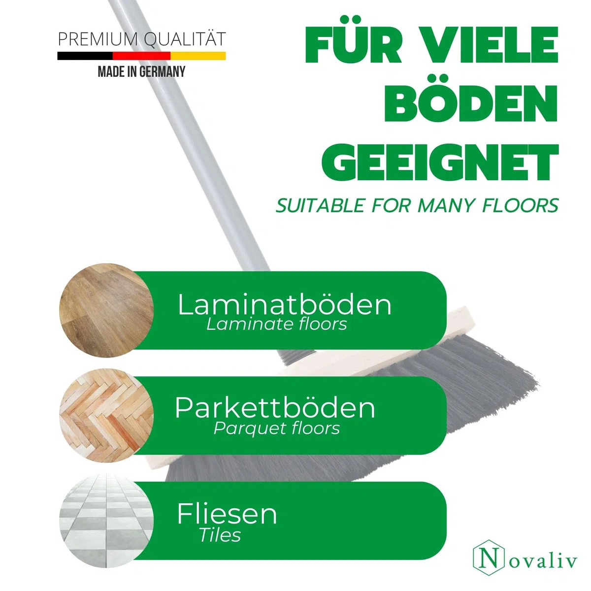 Novaliv Escoba de habitación con mango auténtico pelo de crin, cerdas suaves, mango telescópico, escoba mixta para laminado y parqué, cepillo de crin