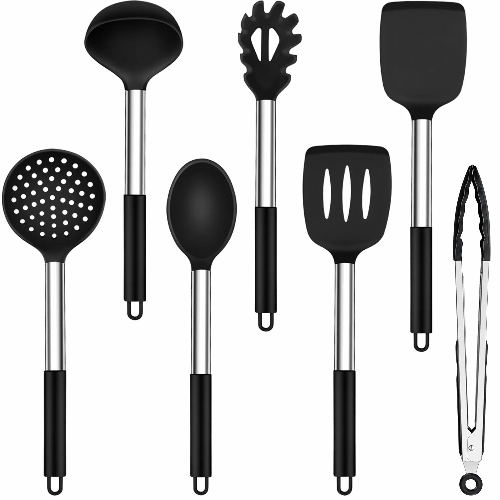 Onader Juego de utensilios de cocina, 7 unidades, de silicona, con mango de acero inoxidable, antiadherente, seguro para utensilios de cocina, resistentes al calor y aptos para lavavajillas, color