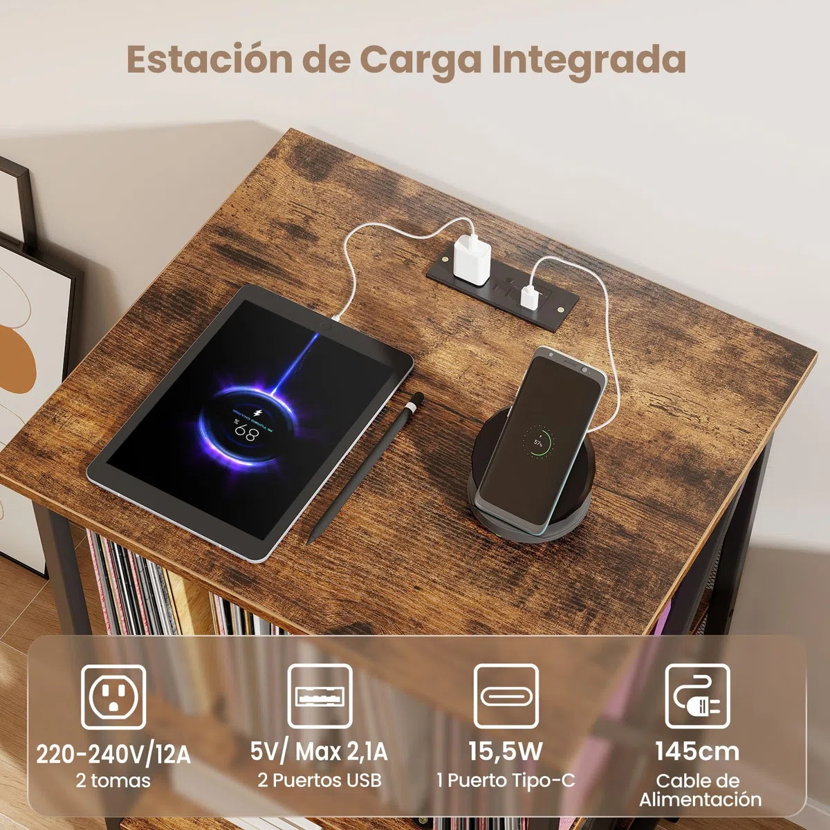 GOPLUS Soporte para Tocadiscos, Estante de Almacenamiento para Vinilos de 3 Niveles con Estación de Carga Incorporada y Ruedas Bloqueables, Soporte para Giradiscos (Marrón Rústico)