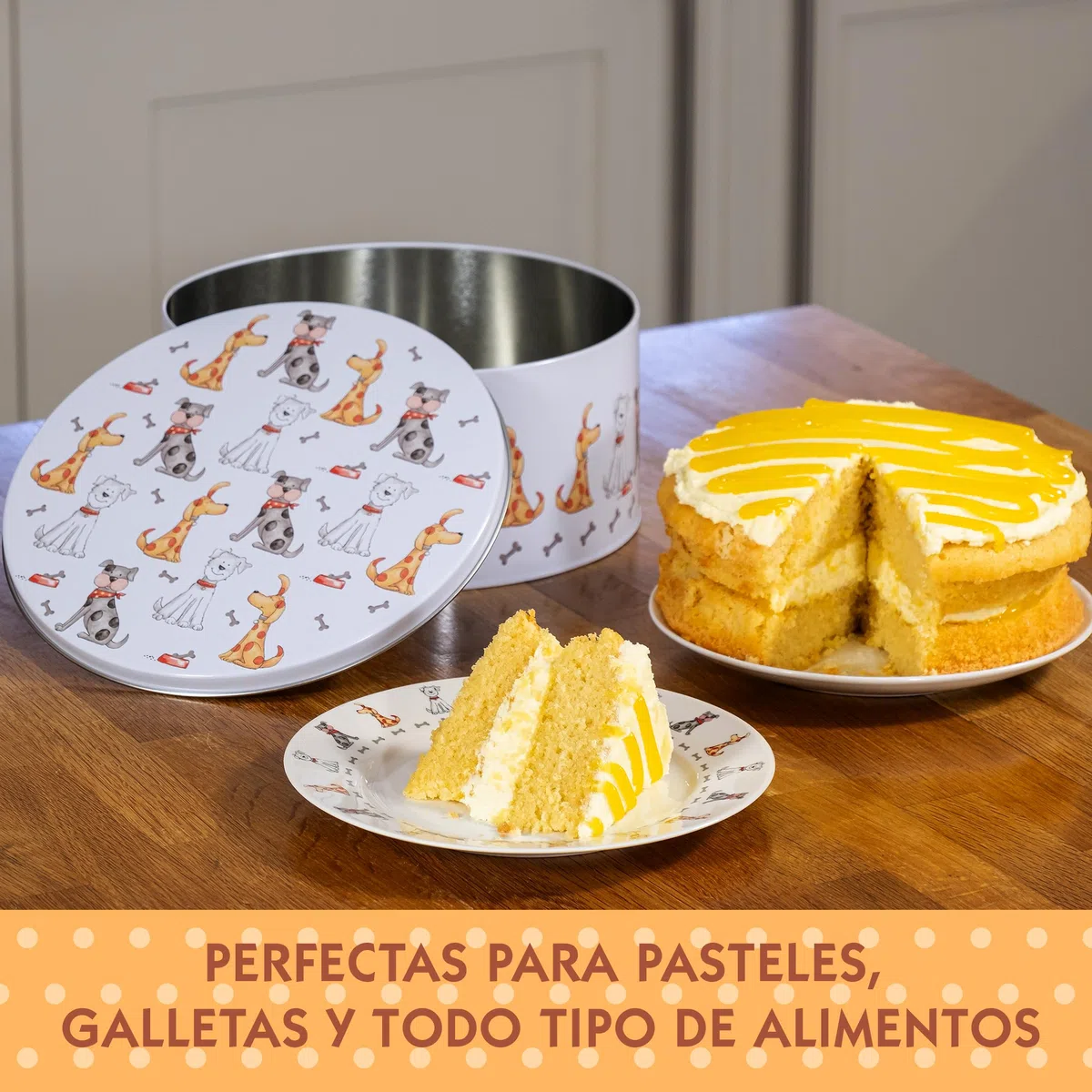 SPOTTED DOG GIFT COMPANY Juego de 3 Latas Almacenamiento para Tartas Redondas, Cajas para Galletas y Pasteles de Metal, Apilables Herméticos, Pequeño 20x9cm, Mediano 22x10cm, Grande 25x11cm - Perros