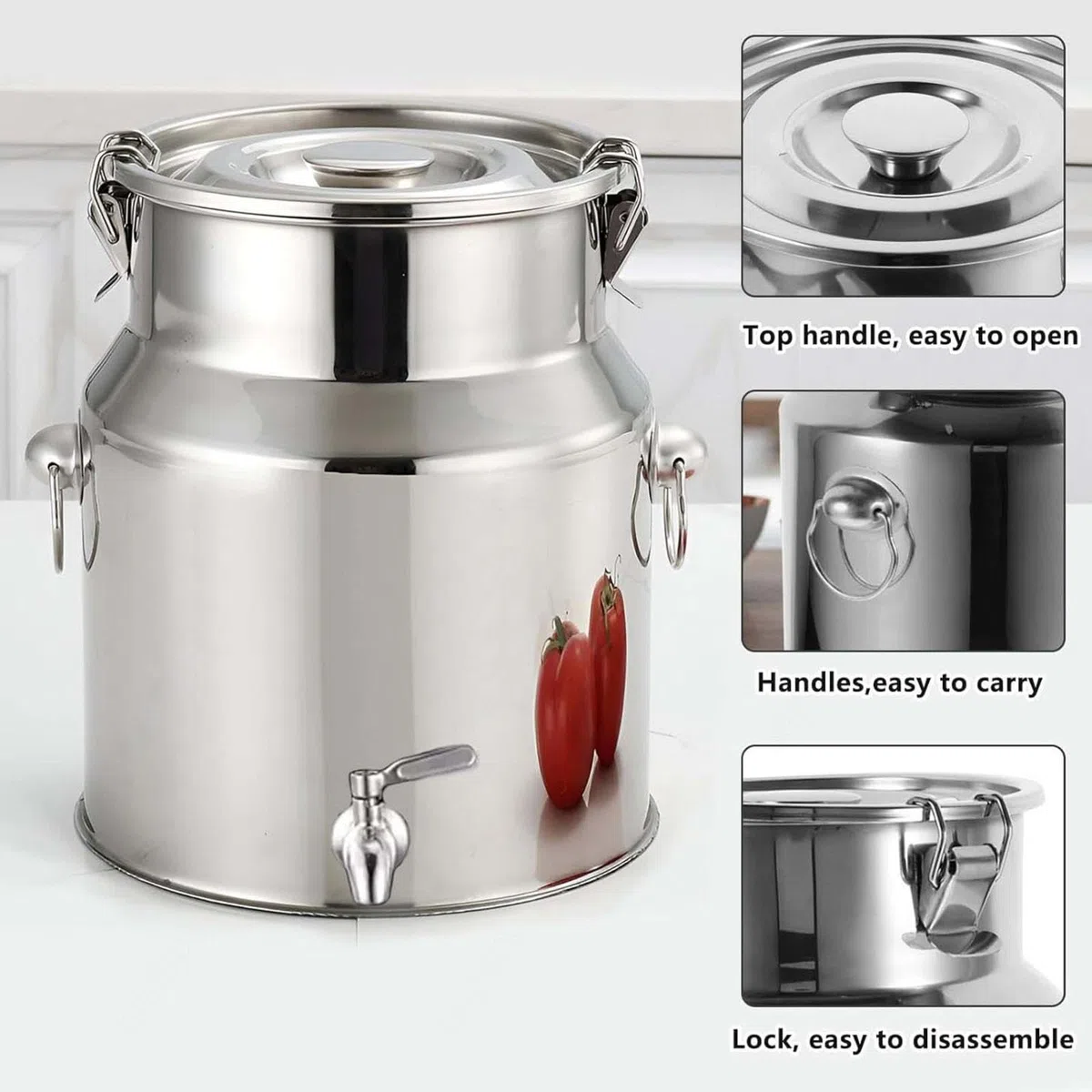 Cubo de acero inoxidable con grifo, recipiente de almacenamiento de 42 litros con tapa para leche, vino y otros líquidos o sólidos, solución de almacenamiento duradera de cocina