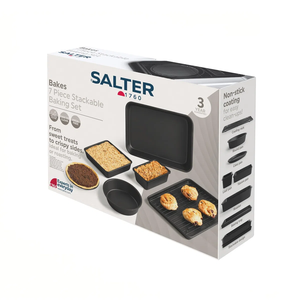 Salter BW12572EU7 Set de hornear de 7 piezas - bandeja para hornear, molde para pastel, molde para tarta, para pan de molde, molde para brownie, molde para asar, rejilla para enfriar, antiadherente