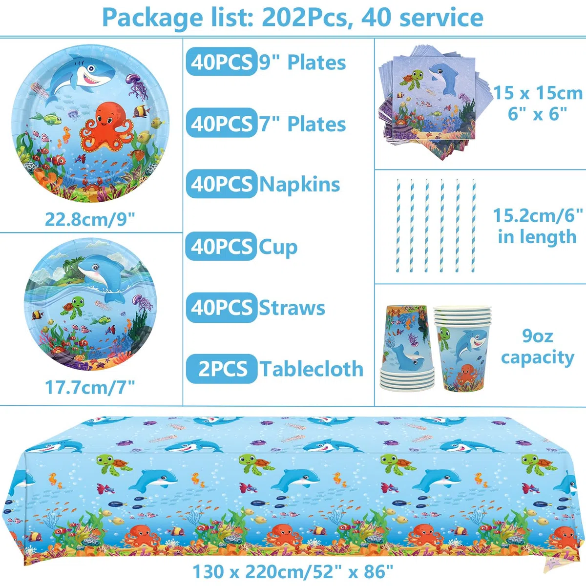 Suministros para fiestas temáticas bajo el mar - Vajilla para fiestas Ocean Sea - Platos llanos Postres Platos Vasos Servilletas Mantel Pajitas, sirve 40
