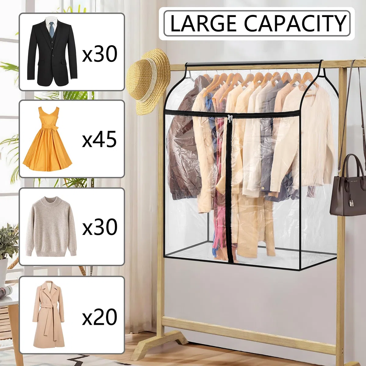 Bolsa de ropa colgante para armario, almacenamiento de ropa de invierno con ventana transparente, bolsa grande para ropa con cremallera, protector de vestido a prueba de polvo (grande)